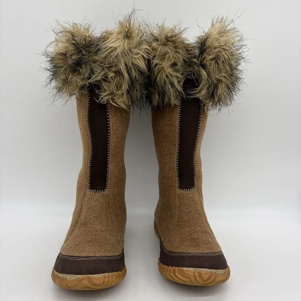 Sorel Womens 5 Boots Cozy Joan Tall Felt Faux Fur Tan Warm Pull On NL1884-286